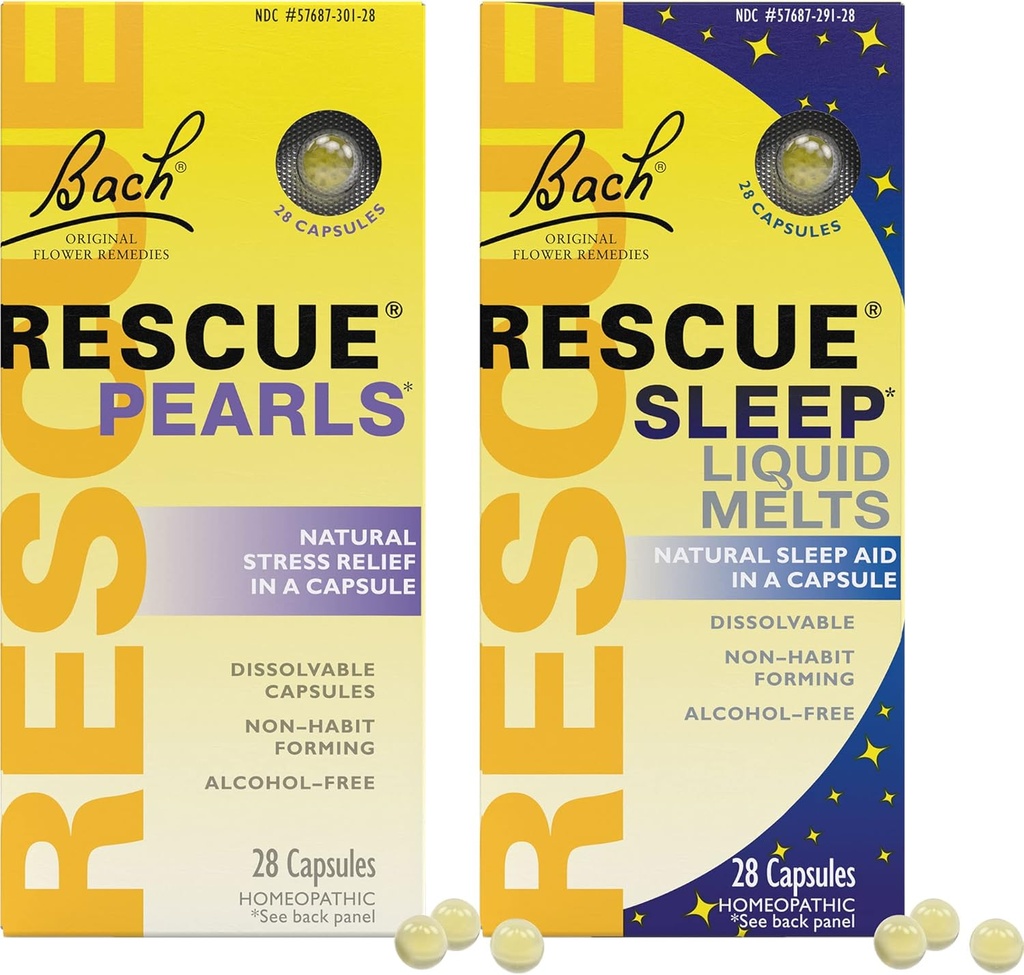 Stres & Sleep Bundle, Bach RESCUE Perly, Prírodný stres Relief [a] RESCUE Sleep Liquid Melts, Natural Sleep Aid - 2-Pk, Homeopatická kvetinová esencia