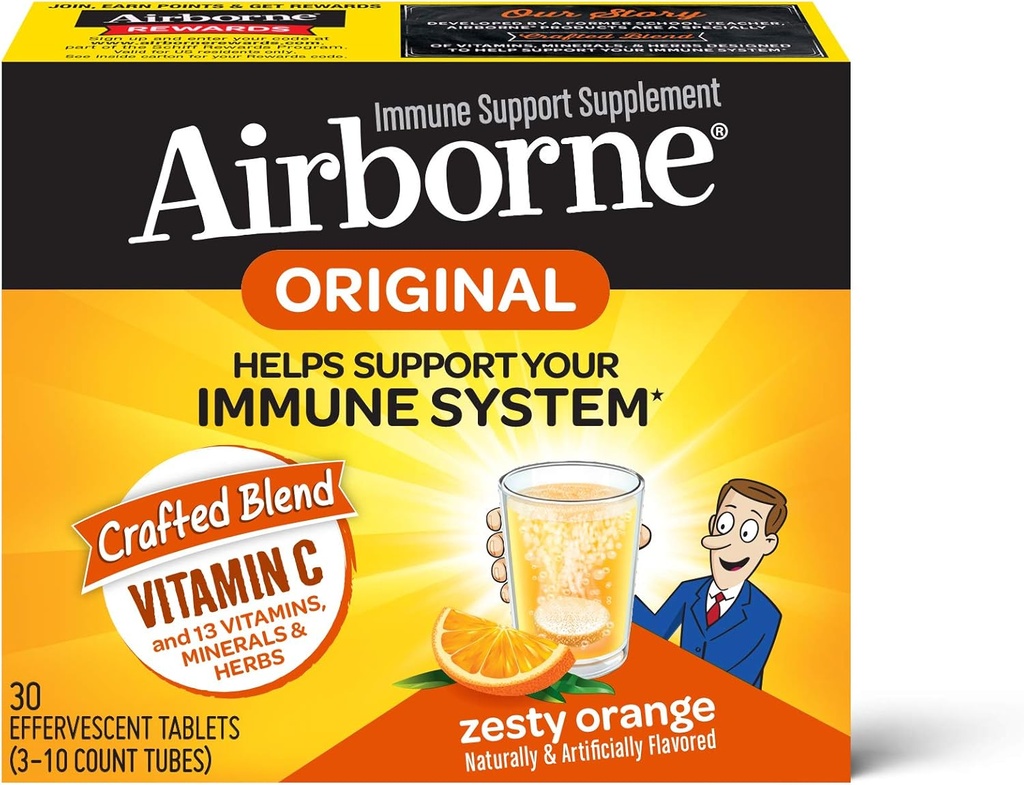 Airborne Zesty Orange Effervescent tablety, 1000 mg vitamínu C - Imunitná podpora doplnok 30ea