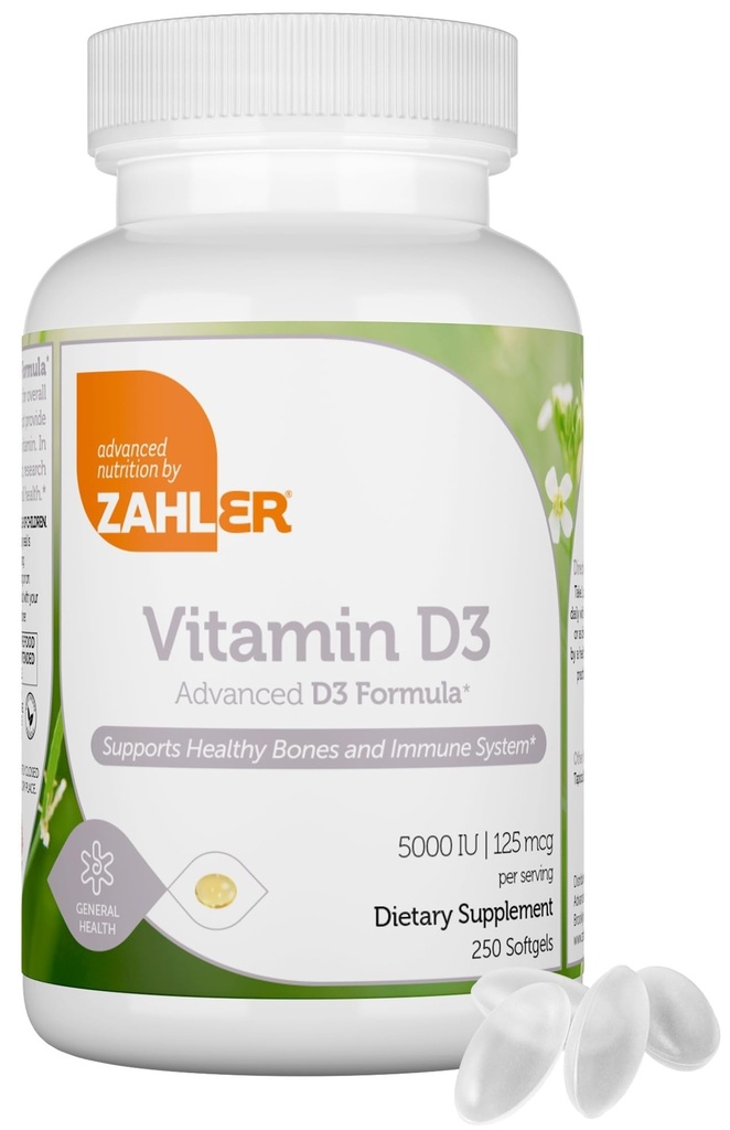 Zahler - Advanced Vitamín D3 5000 IU Softgels (250 gróf) Košer Vegetarián Priateľsky Vitamín D pre imunitnú podporu, kosti, zuby a svalovú hmotu - Denné D3 Vitamínové doplnky pre dospelých - Ľahké prehltnutie V