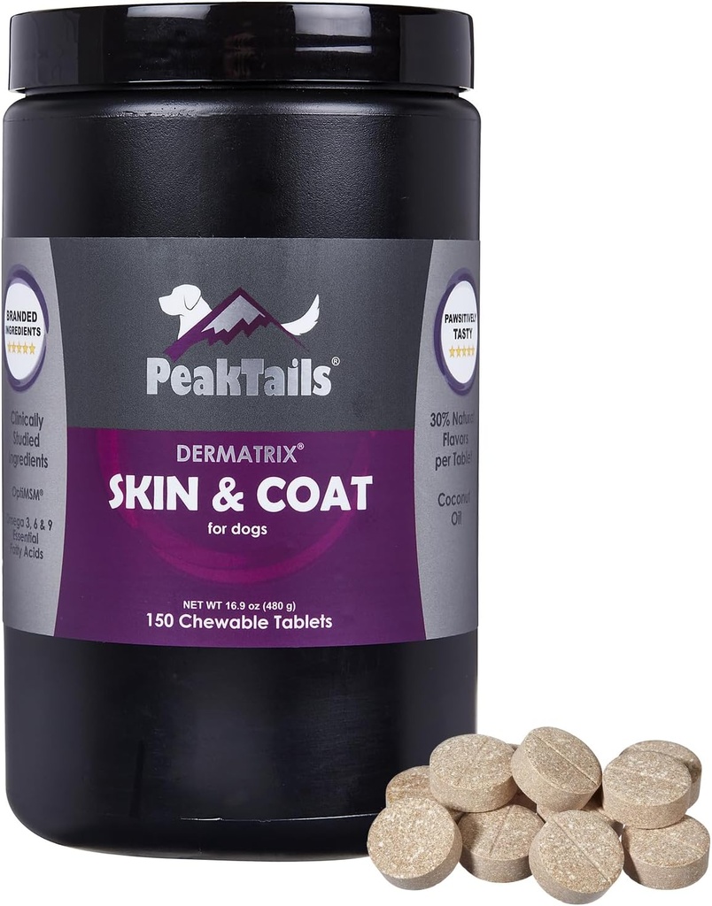 Kala Health PeakTails Skin & Coat Podpora pre psy 150 Žuvacie tablety s MSM, Rybí olej, Omega-3 & Omega-6 