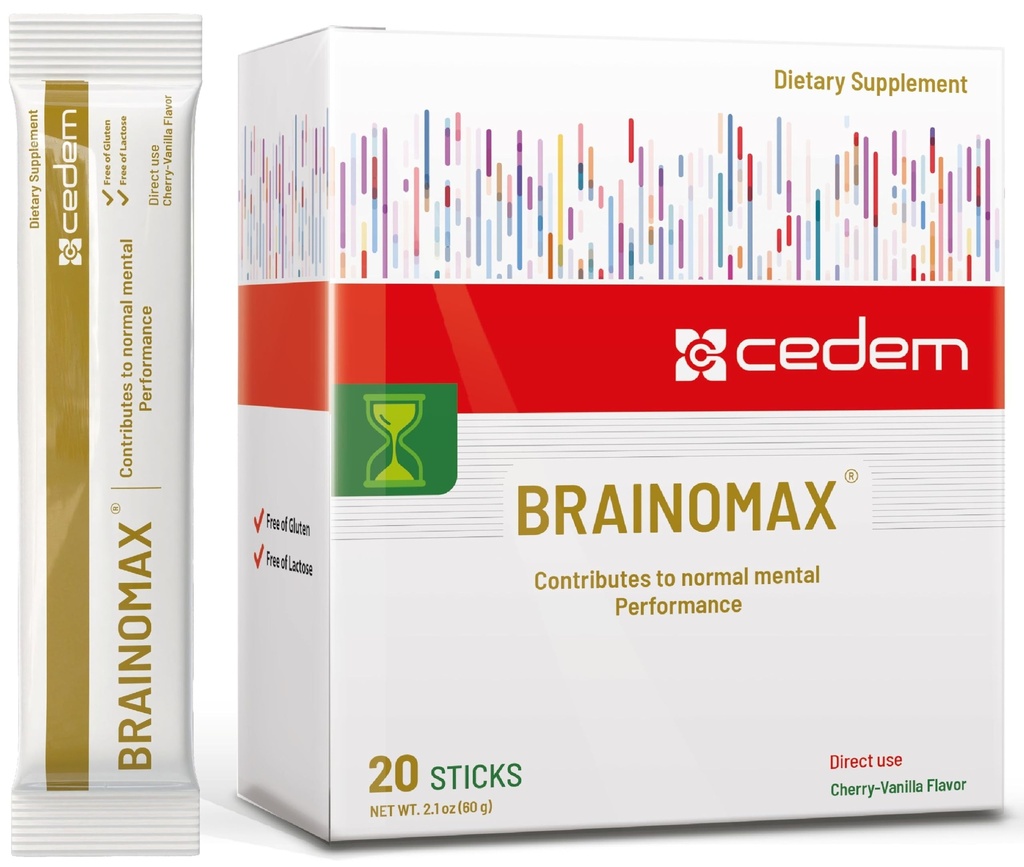 Švajčiarsko BRAINOMAX 20 prášok tyčinky, mozog booster doplnok, Cherry-Vanilla chuť s citikolínom, N-Acetyl-L-karnitín, Nootropný mozog doplnky pre pamäť a zameranie, kognitívna podpora