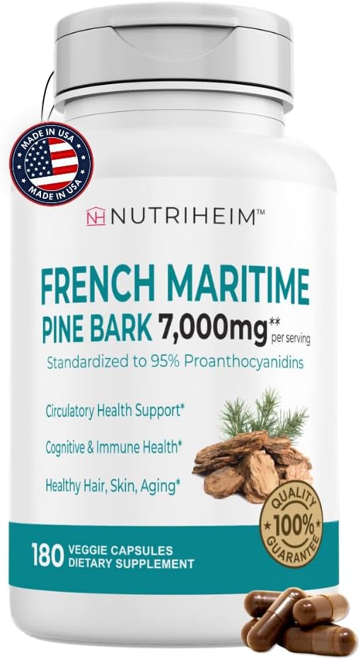 Francúzska námorná Pine Bark Extract 7000mg s 95% Proanthocyanidíny pre Circulation, Heart Health, Skin, Cognitive Support - 20:1 Ratio & 180 Veggie Capsules - Non-GMO, Gluten-Free, Vegan-Friendly