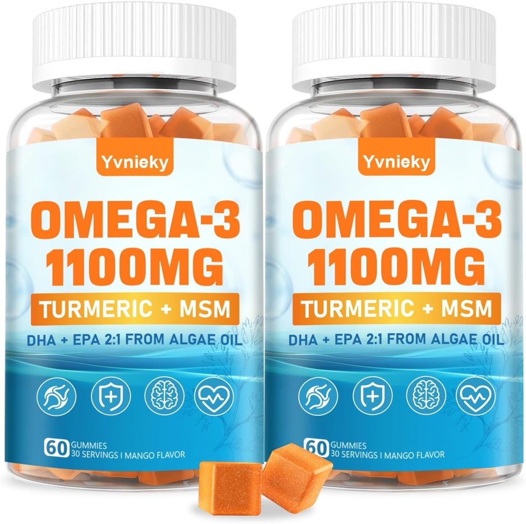 Vegan Omega 3 Supplement Gummies 1100m for Adults - DHA 680mg & EPA 340mg with Turmeric, MSM, Vitamín C, E, D3, Zinok - Alternatíva rybieho oleja Alternatíva