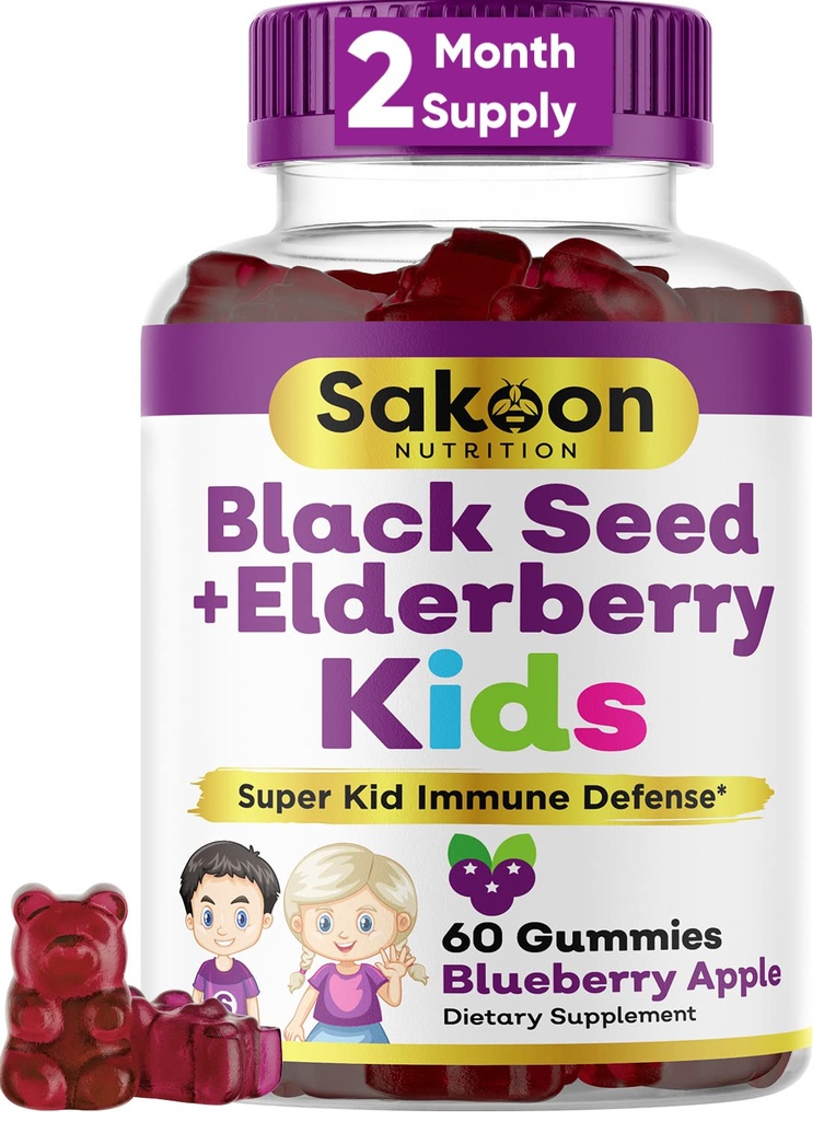 Sakoon výživa bazový a čierny olej Gumičky pre deti, Imunitná podpora, s vitamínom C a zinok, Delicious Berry Flavor, 60 Gummies