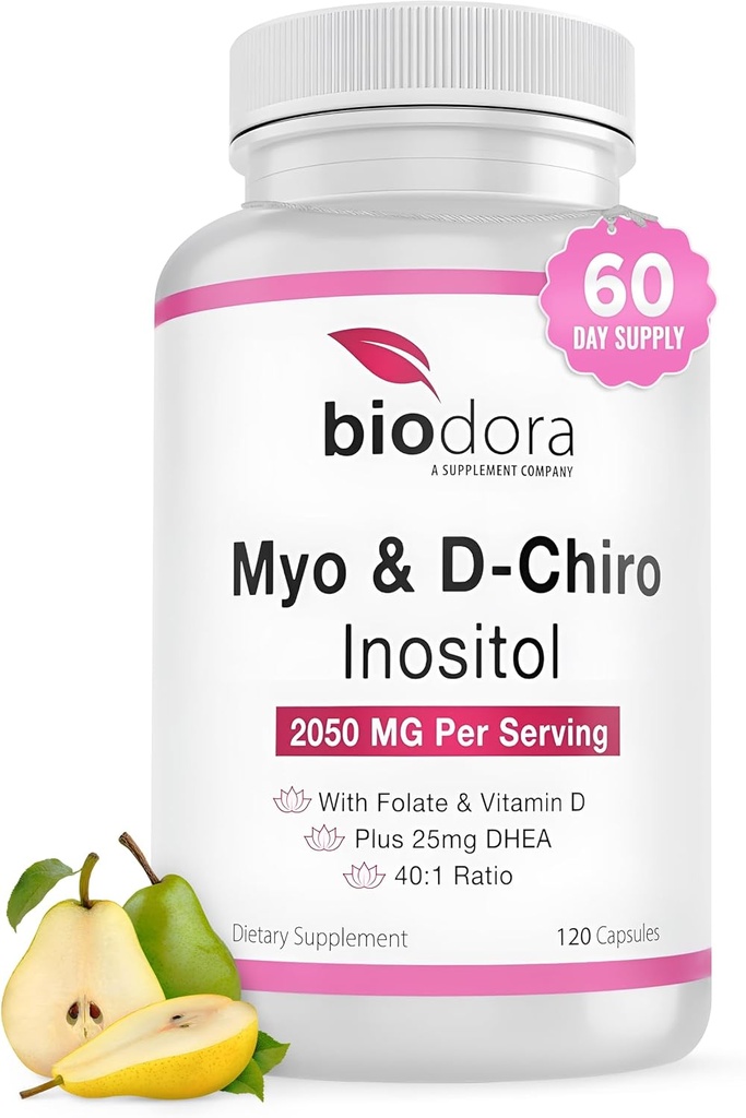 Myo& D- Chiro Inozitol Supplement, s folátom a vitamínom D, 40 až 1, zahŕňa DHEA, pomáha v Hormone Balance, Ovarian Function, 2050mg per Serving, 120 Kapsule