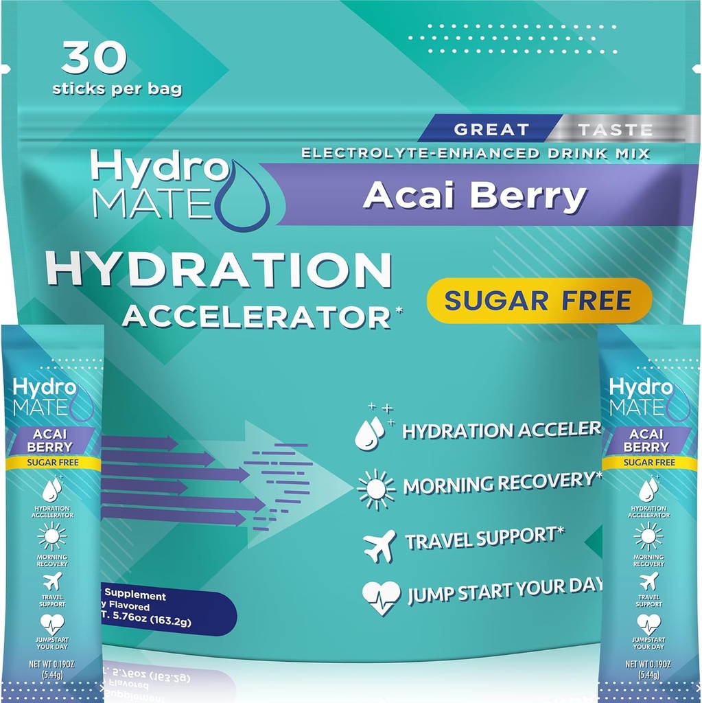 Powder Electrolyte Hydratačné balíčky bez cukru Acai Berry HydroMATE 30 Sticks