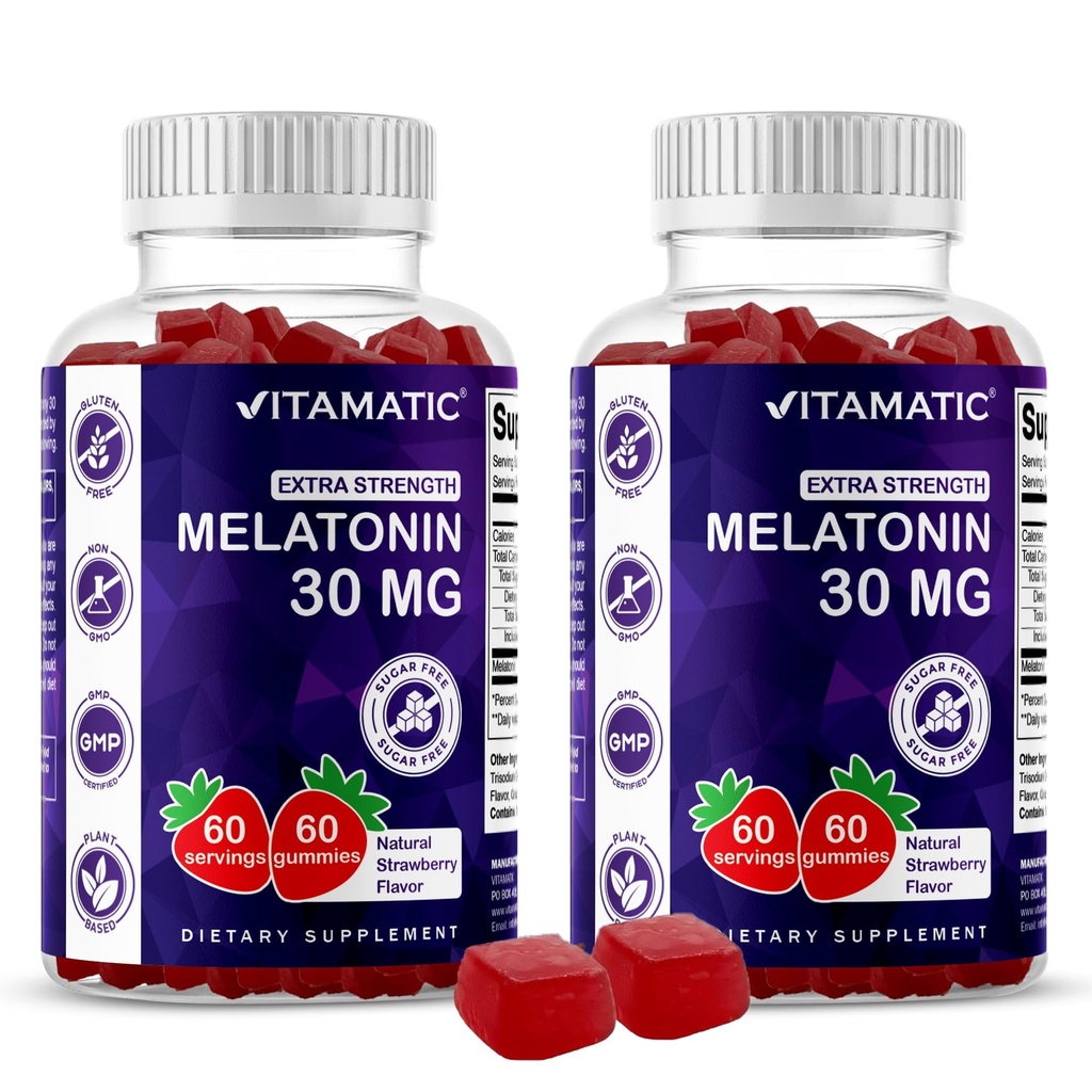 Vitamatic Sugar Free Melatonin 30 mg per Gummy - 60 Servírovanie - 60 Vegetariánske Gummies - Non-Habit forming Supplement (60 gróf)