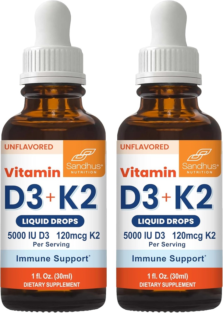 Sandhu's Vitamin D3 K2 Drops for Adults | 5000 IU D3 Liquid, 120mcg K2 Supplement 1 Fl Oz (Pack of 2) | D3K2 Supports Superior Absorption, Energy, Immune, Muscle Health for Men & Women