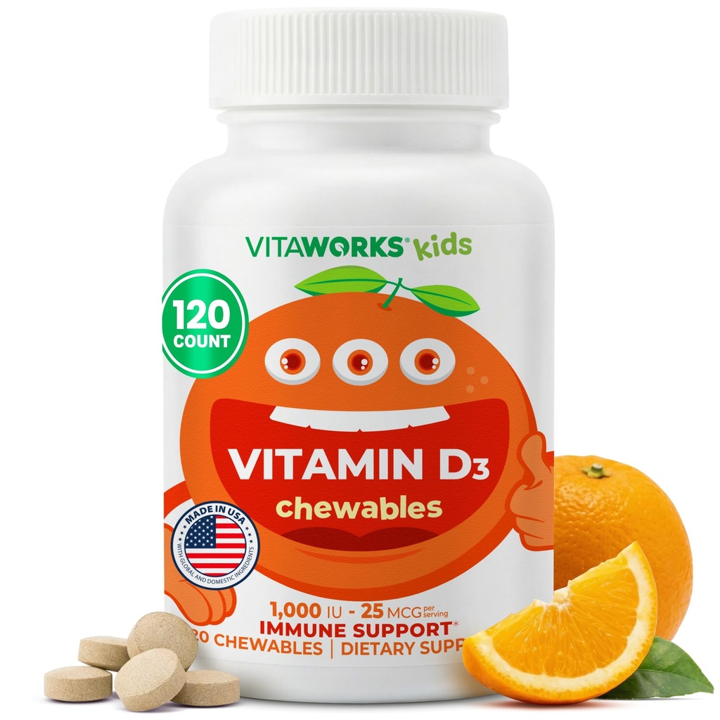 Deti Vitamín D 1000 IU Žuvacie tablety - Chutné prírodné Orange flavor - Vegan, bez GMO, bez lepidla, bez obsahu vitamínov Nut - diétne doplnky pre imunitnú podporu - pre deti - 120 Žuvačky