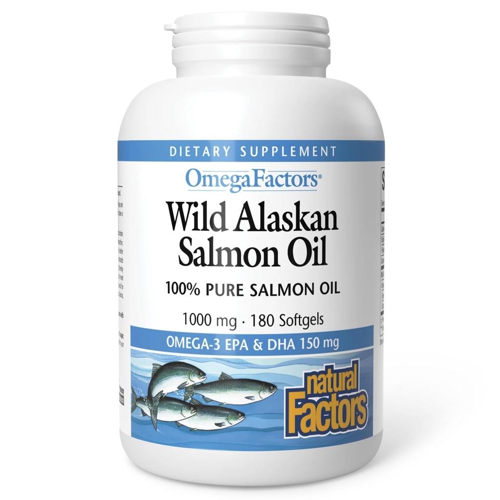 Prírodné faktory Wild Aljašský lososí olej poskytuje Omega-3, EPA, DHA a vitamín D, podporuje zdravie mozgu a srdca, 180 Softgels