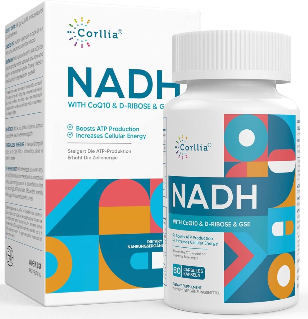 NADH + CoQ10 + D- Ribose Supplement, Enhance NAD+ Supplement for Energy , Únava , 60 kapsúl