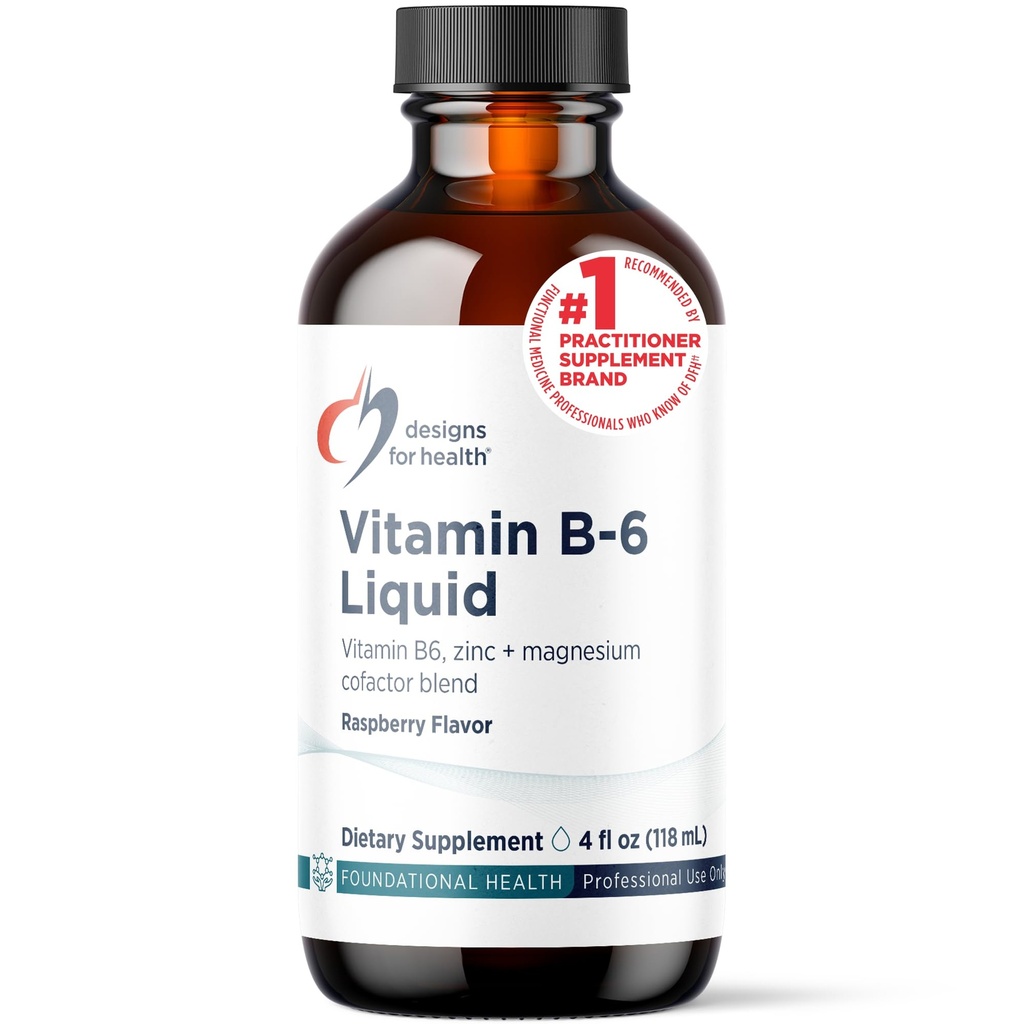 Designs for Health Vitamín B6 Liquid - 50mg B6 with Magnézium Chelát + Zinok Supplement - Absorby Ľahko + Veľká chuť Malinová príchuť (24 porcií / 4 Fl Oz)