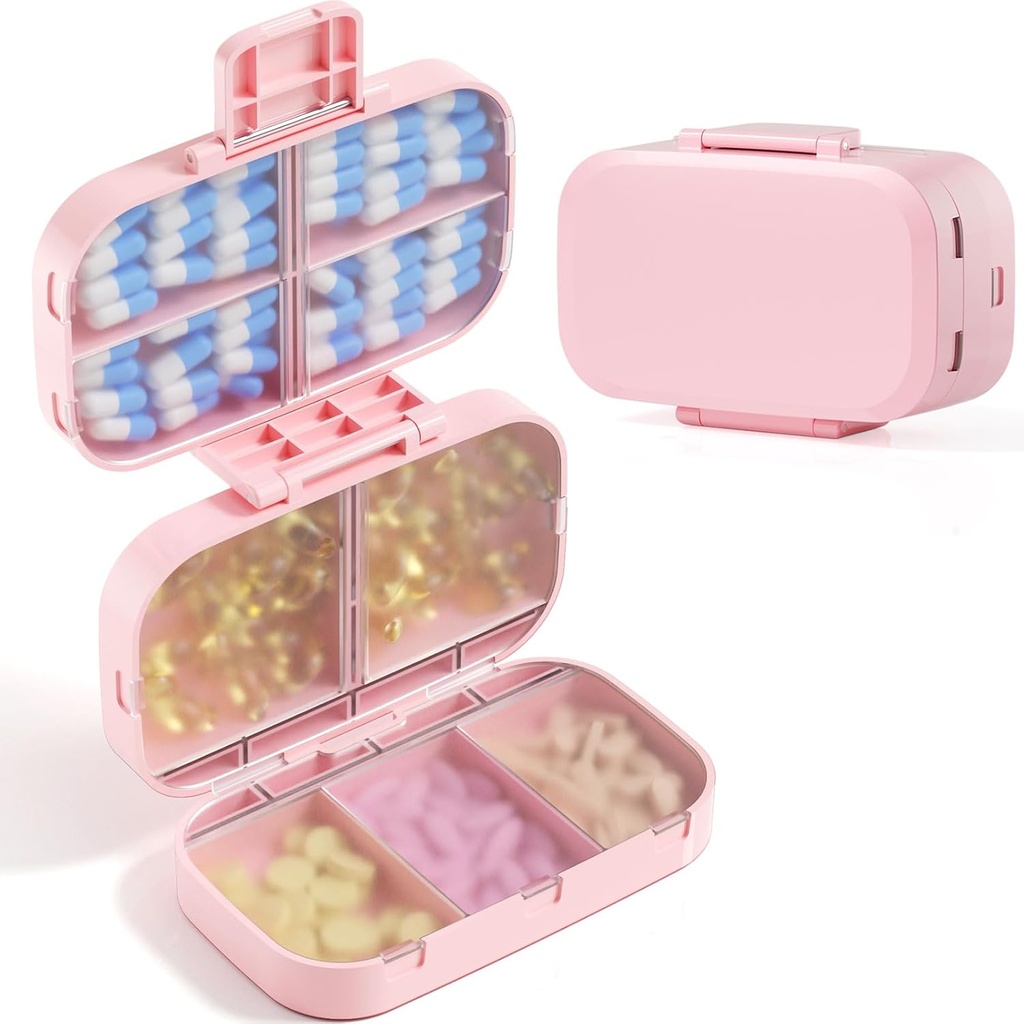 MEACOLIA Triple-Folding pilulky Organizátor, 9 Compartments Travel pilulky prípad s veľkou kapacitou, Denné pilulky malé pilulky Kontajner pre vitamín, Cod Liver Oil, Doplnky (Pink)