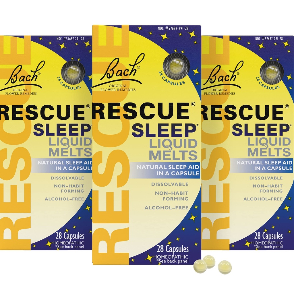 Rescue Bach Sleep Liquid Melts, Natural Orange Vanilla Flavor, Natural Sleep Aid, Relief stresu, Homeopatická kvetinová esencia, Bez melatonínu, non-Alcohol, 3 balenia, 28 gróf