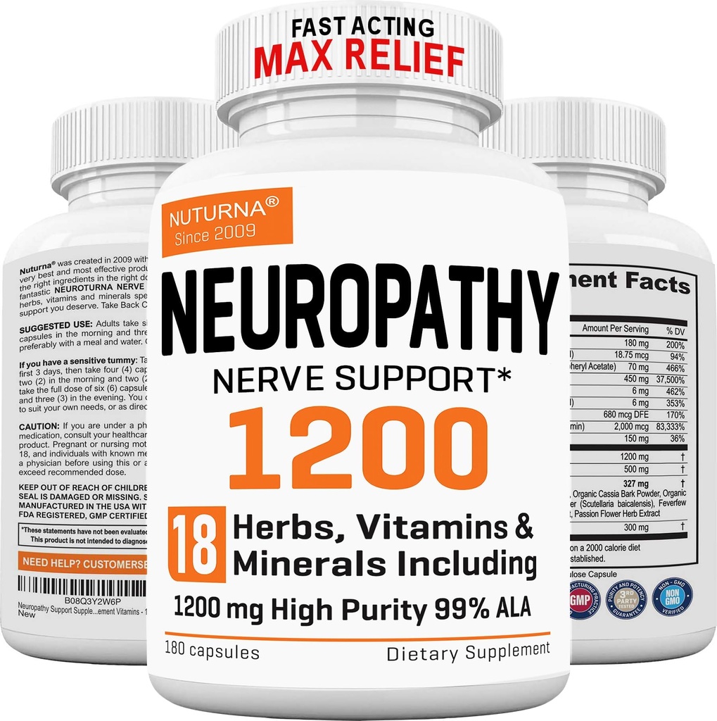 Neuropatia Podpora Doplnková s 1200 mg HP-99 Alpha Lipoic Acid - Max Strength ALA Nerve Formula pre nohy ruky prsty Nohy - Ultra Potent 18 v 1 Prírodné periférne Nerve Vitamíny - 180 Kapsule