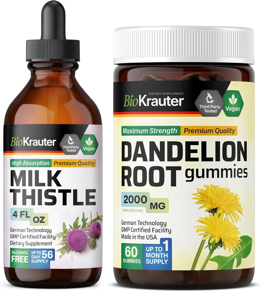 BIO KRAUTER Milk Thitle Tinture 4 Fl. Oz. & Dandelion 60 Gummies