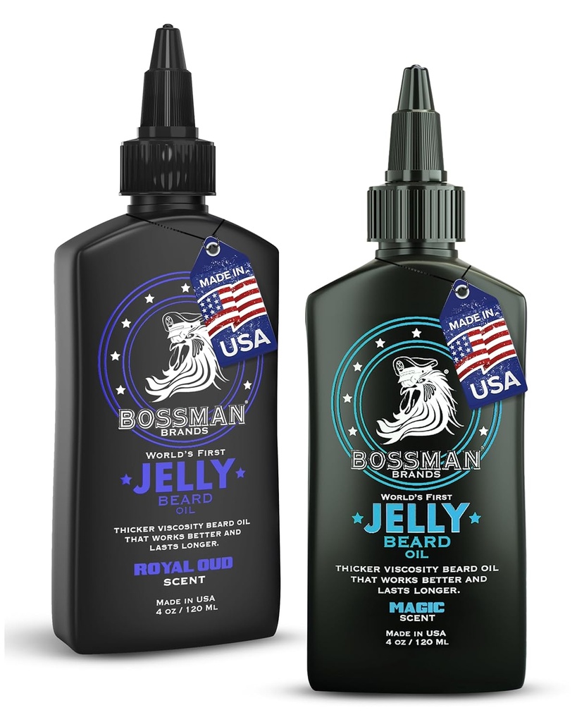 Bossman Jelly Beard Oil pre mužov Bundle 2 Pack, 8 oz (Magic + Royal Oud Scents) 