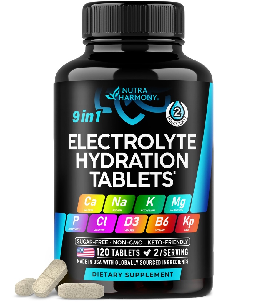 Elektrolyty - tablety Electrolytu s horčíkom, sodíkom, draslíkom, chloridom, vitamínmi D3 & B6, prášok na kelp - soľné pilulky - vyrobené v USA - perorálne tablety ako kapsuly - Vegan & Keto Friendly - 120 kariet