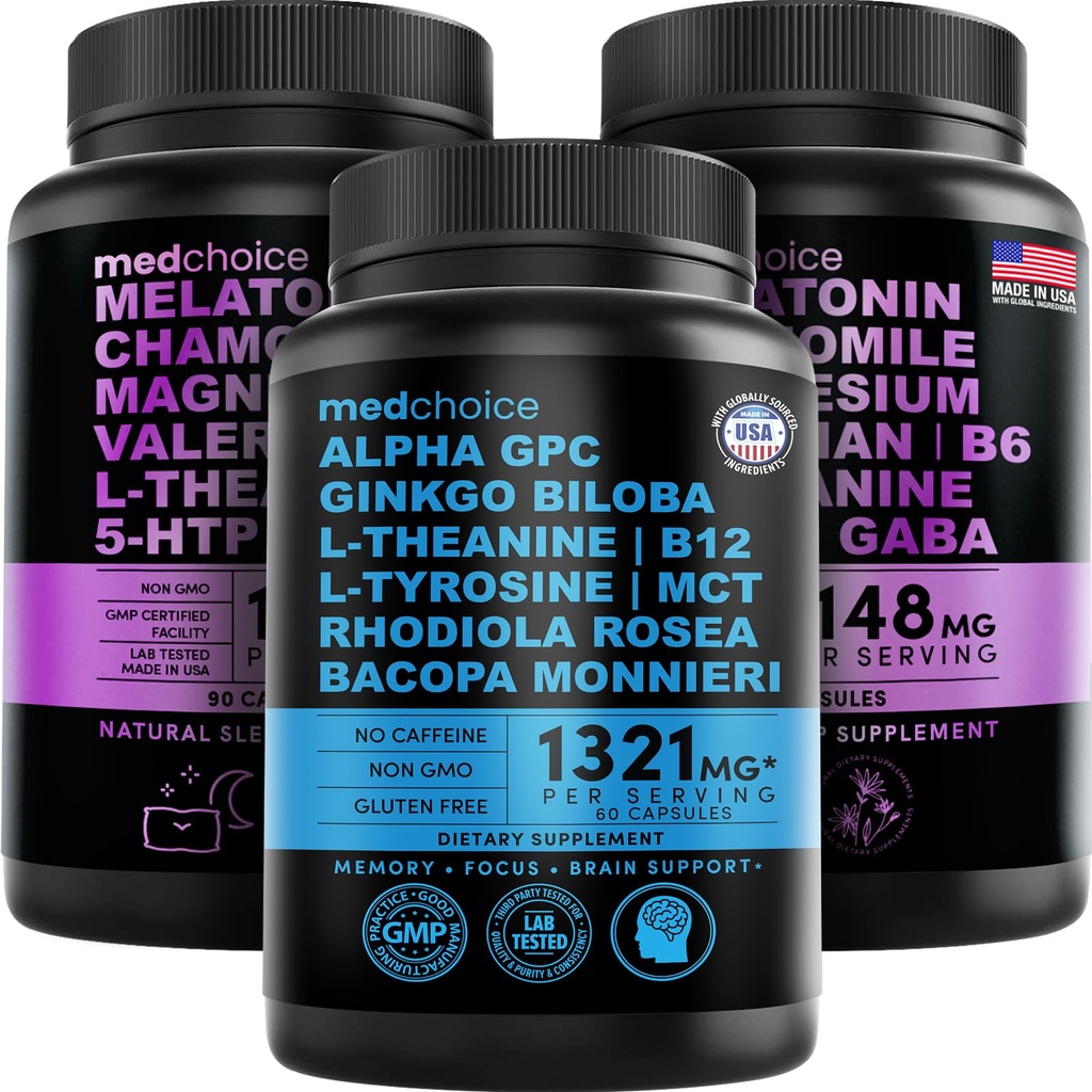 MEDCHOICE spánkový melatonín (180ct) a nootropný mozog (60ct) doplnok Bundle - Wellness Duo pre spánok, mozog, zameranie, a podpora nálady - Vegan, non-GMO, Gluten-free
