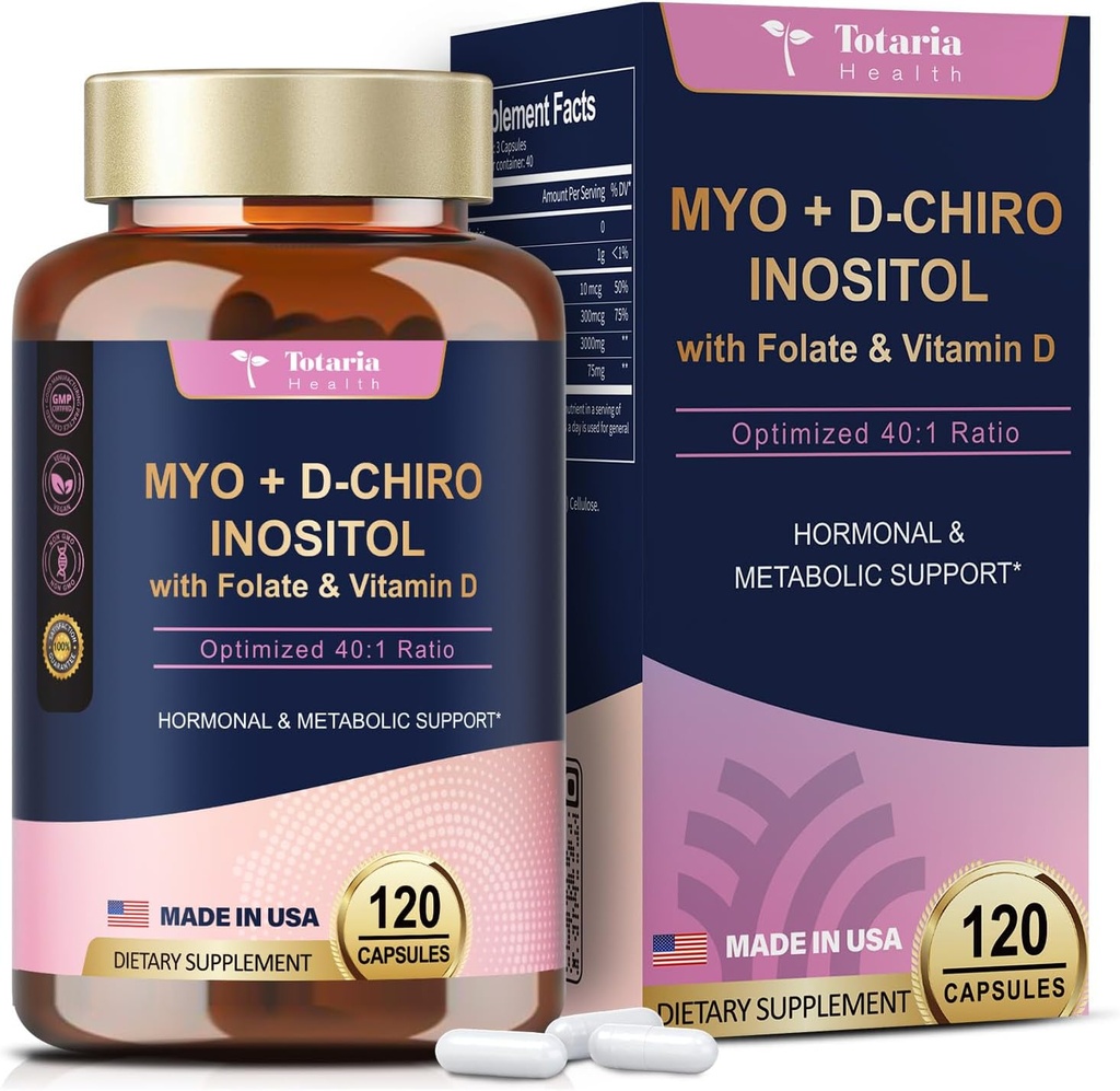 Totaria Inozitol doplnok pre ženy s vitamínom D3, folát, 40:1 pomer Myo-Inozitol 3000 mg & D-Chiro Inozitol 75 mg komplex, vitamín B8 Inozitol doplnok pre ženy vlasy, nechty, zdravie kože