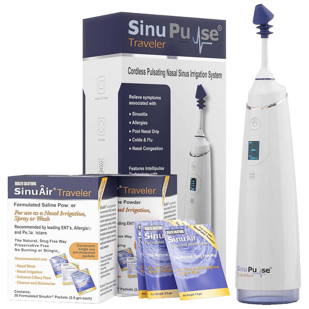 SinuPulse Traveler s 90 Sinuair paketov - Bezdrôtové pulzujúce nosné zavlažovanie Sinus Rinse systém, Space Saving Cleaner & Relief Machine for Travel, Efektívnejšie ako Neti Pot alebo Nose spray fľašu
