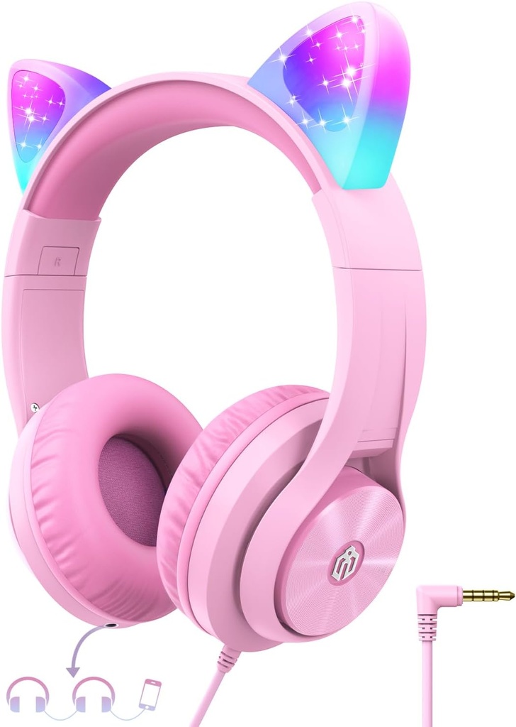 iClever Kids Slúchadlá s mačka ušné Light Up, Bezpečné obmedzenie hlasitosti, FunShare, Skladacie, Over-Ear Slúchadlá pre deti pre školu/iPad/Tablet/Travel, Meow Donut-Pink