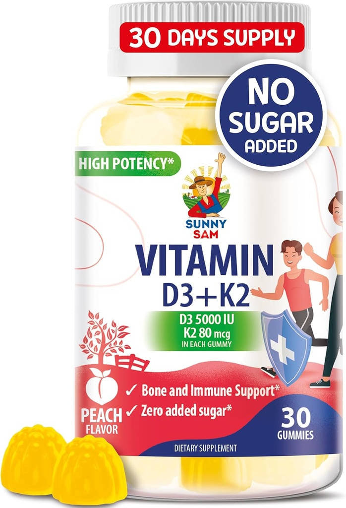 Vitamín D3 K2 bez obsahu cukru 5000 IU - Gumičky na podporu imunitného a kostného tkaniva - Gumové doplnky vitamín D pre dospelých - vysoko-absorpcia, vegan, Halal, bez lepidla Žuvacie vitamíny