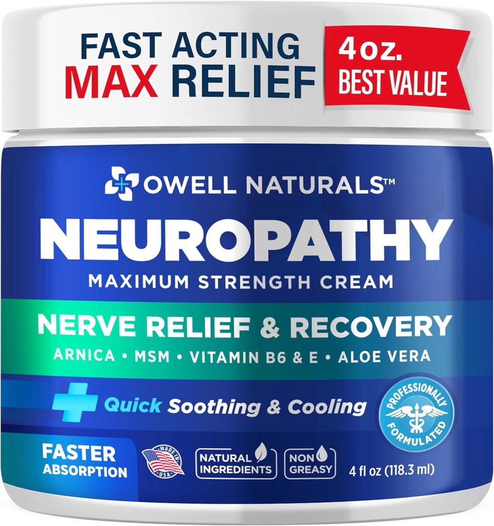 Owell Naturals Neuropathy Nerve Relief Cream, Maximálna sila, vyblednutie, Prírodné zložky Arnica, Aloe Vera, MSM, Vitamín B6 pre nohy, ruky, nohy, Toes Discomfort, 4 Fl Oz (Pack of 1)