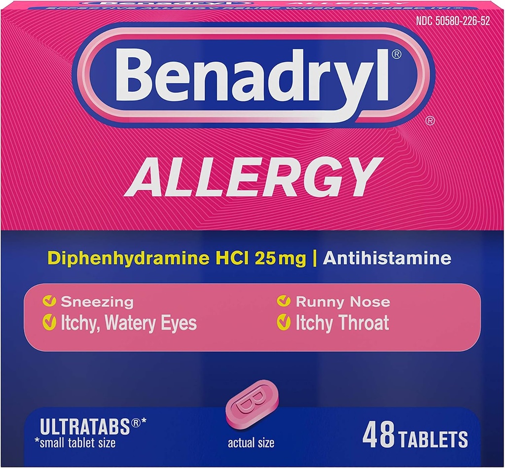 Benadryl Ultratabs Antihistaminika Alergická medicína, Difenhydramín HCl Tablety, 48 n če