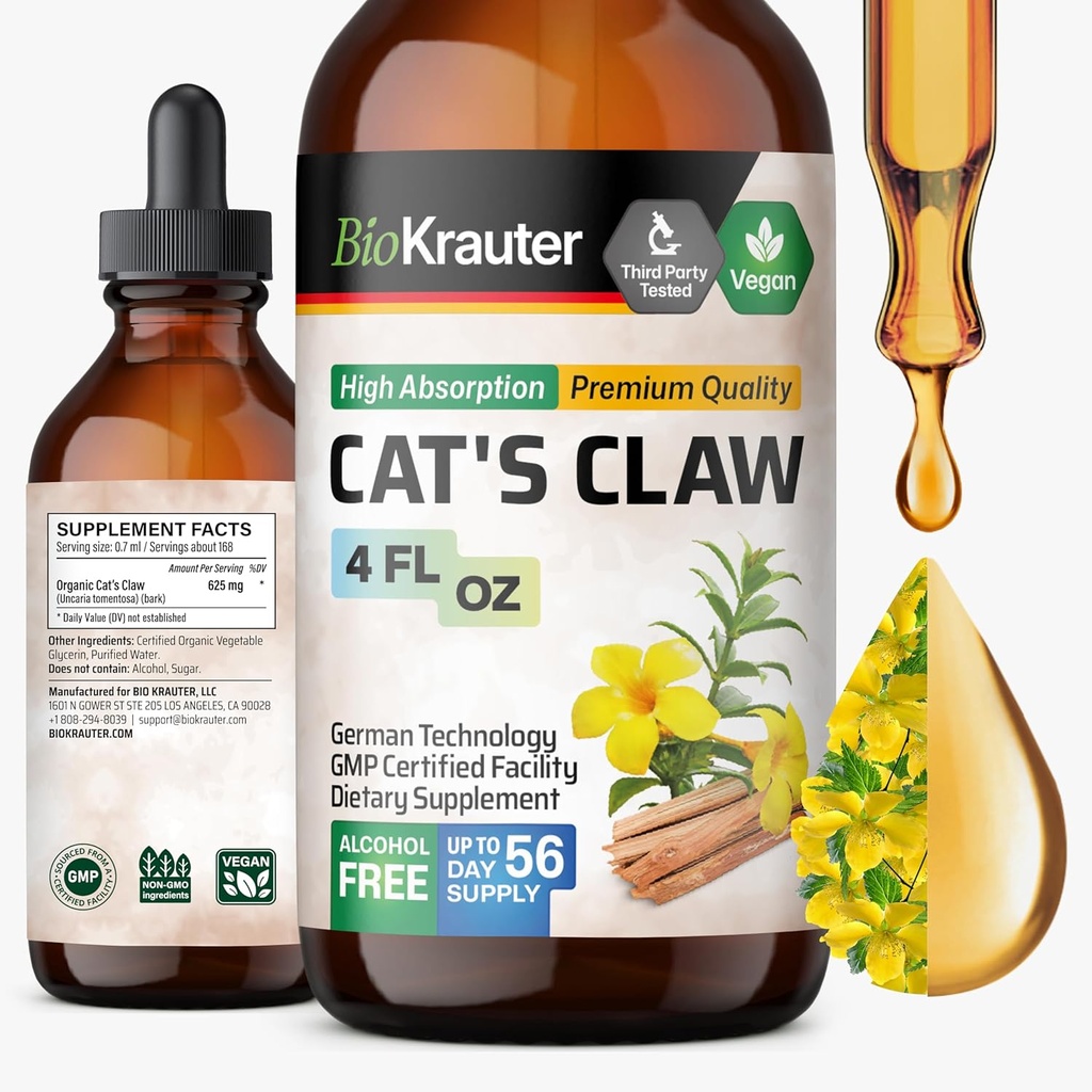BIO KRAUTER Mačky Claw Tinktúra - Tekuté mačky Claw Herb pre imunitnú podporu - Alkohol a cukor zadarmo - Vegan kvapky 4 Fl.Oz.