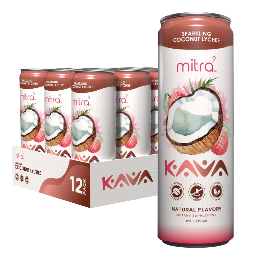 MITRA-9 Botanické nápoje - Coconut Lychee Sparkling Kava drink s Cava Root Extract - Mood Enhancer - Plant Based - podporuje prírodný pokoj a jasnosť (12 Fl. Oz) (12)