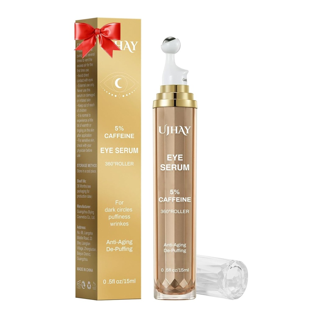 5% kofeínový očný krém, pod očným sérum pre tmavé kruhy, nadutie a vrásky jemné čiary, Eye roller sérum s 360° masážnou guľou, očná liečba Balm pre mužov a ženy
