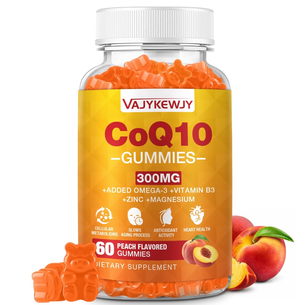 CoQ10 Gummy bez cukru 3000 mg - Plus Omega-3, vitamín B3 a zinok, vysoká absorpcia Koenzým Q10 doplnky pre bunkovú energiu a antioxidant podporu, Vegan 60 Počet