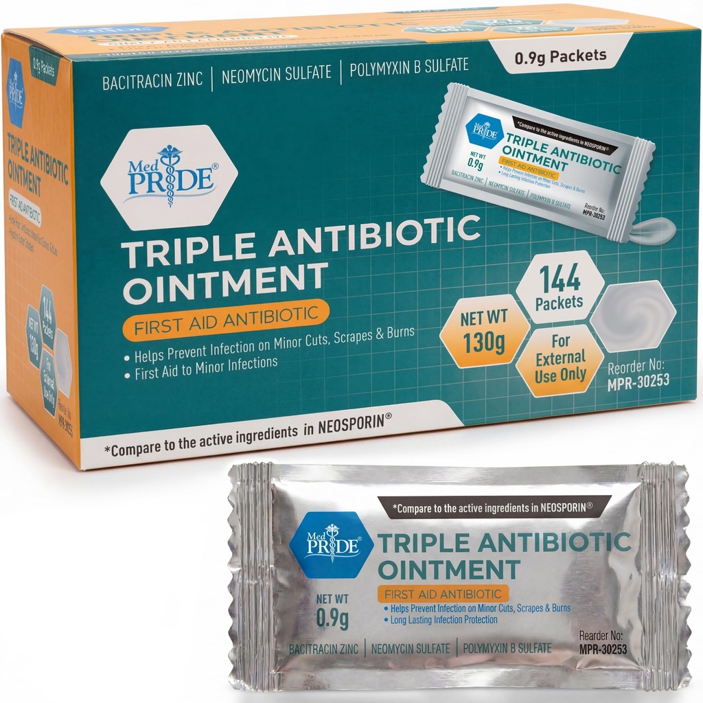 MED PRIDE Triple Antibiotic Ointment Pakets hromadne 144 X 0.9g, Individuálne antibiotické mastné pakety pre popáleniny, rezy, starostlivosť o rany