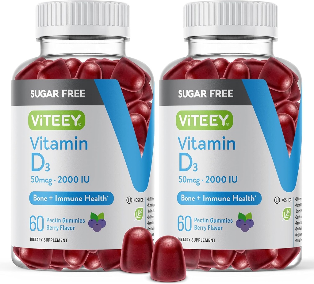 Viteey vitamín D3 Gumičky pre dospelých & tínedžerov - 2000 IU, 50 μg - bez cukru, kostí, spoločného a svalového zdravia, Immune Boost - Vegetarián, bez želatíny, bez GMO - Chutné žuvacie Berry Ochutené Gummy