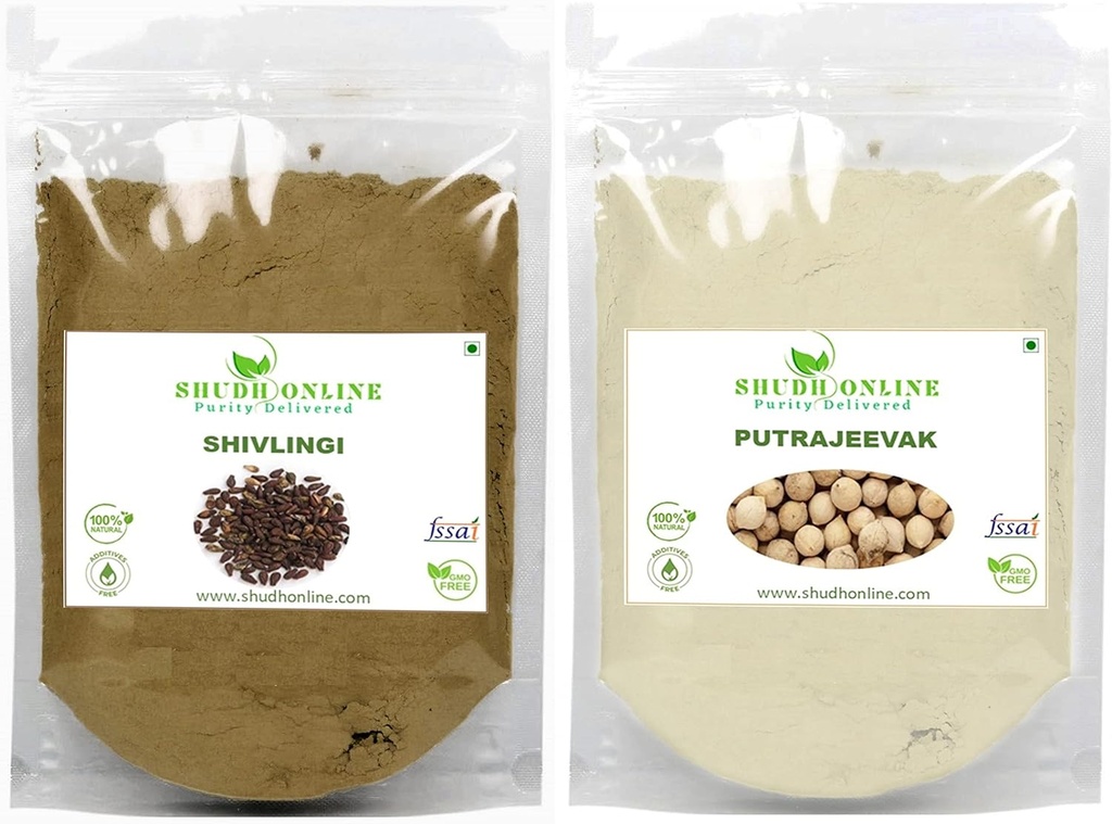 Shudh Online Sivalingi a Putrajivak Powder Combo (100 gramov každý), Putrajeevek a Shivlingi Beej prášok, Putrijivak, Putr Jivak, Shivalinga, Shivling