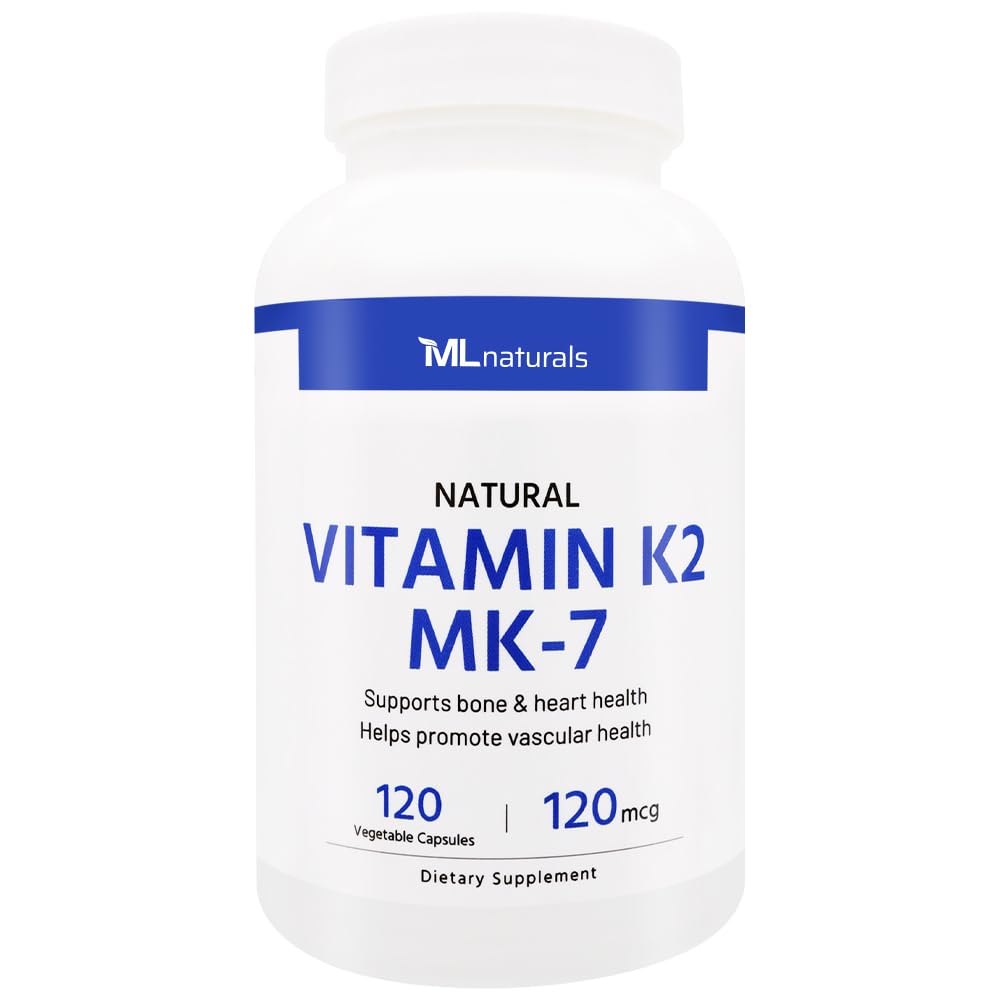 ML Naturals Natural Vitamin K2 MK-7 120 mcg 120 Rastlinné kapsule. Prírodné MK-7/99% All-Trans MK-7. Podporuje kosti a srdce zdravie, pomáha podporovať cievne zdravie, NSF-Certifikované a cGMP-Compliant.