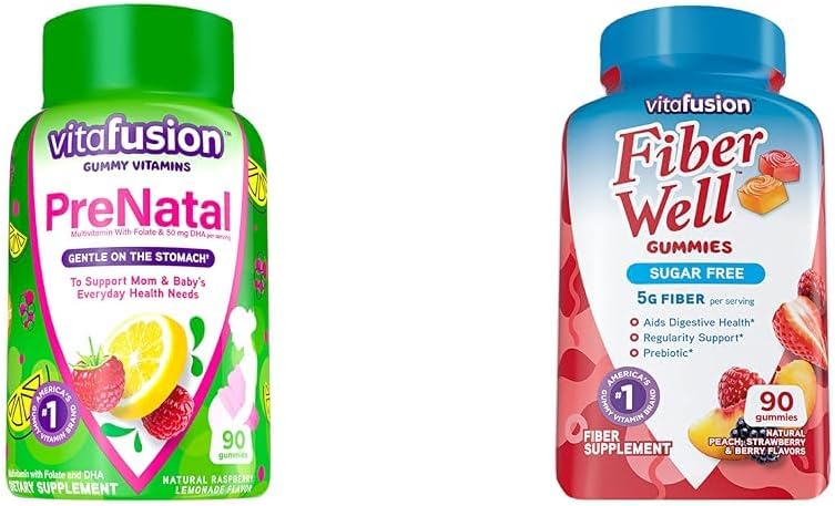 Vitafusion Prenatal Gummy Vitamíny, Malinová citrónová šťava Ochutené, Tehotenstvo Vitamíny pre ženy a vlákna Dobre Sugar Free Fiber Supplement, Peach, Jahodová a BlackBerry Ochutené