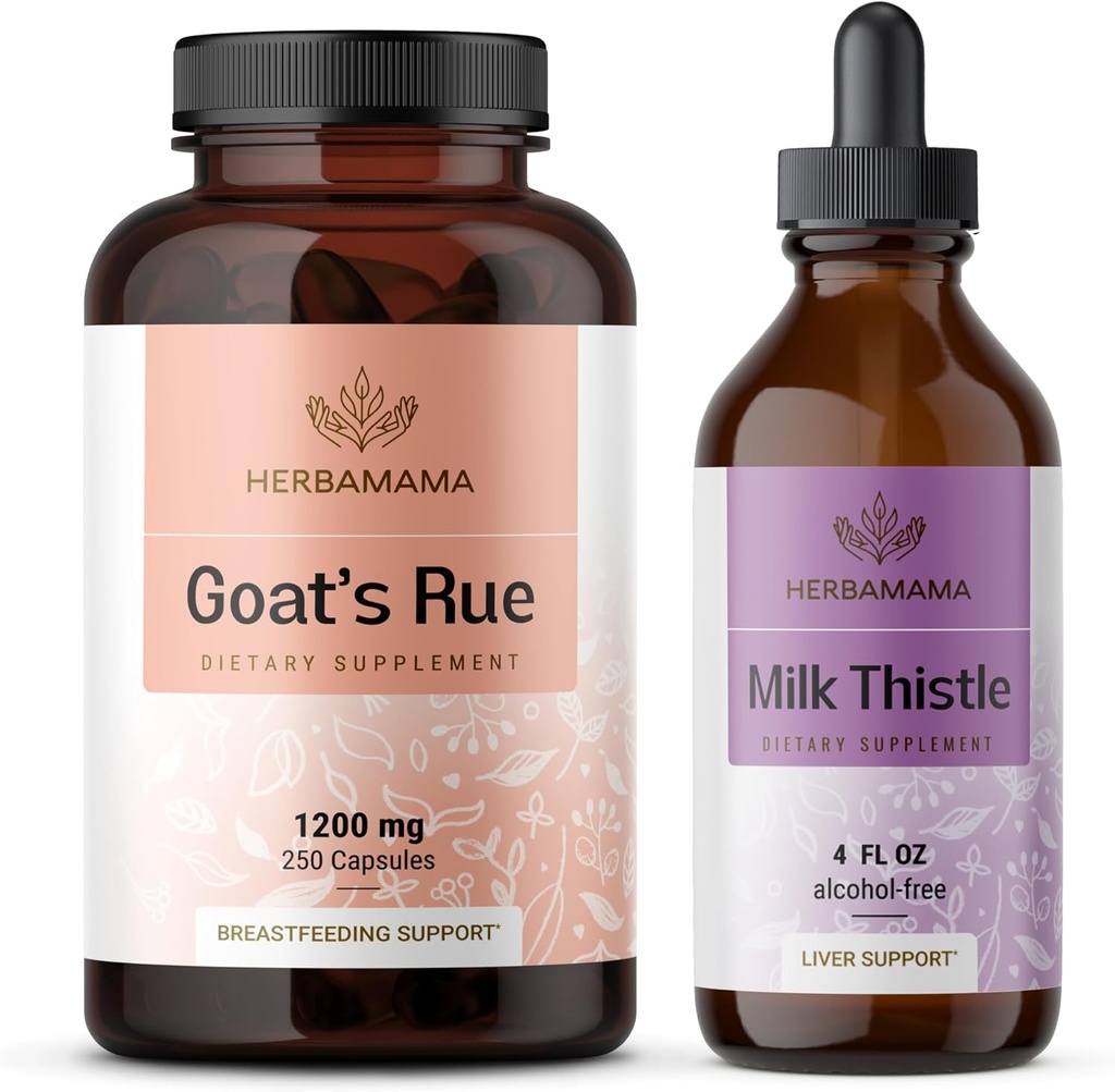 HERBAMAMA caps Rue and Milk Thistle Kit - Bundle of 1200 mg capsules and Milk Thistle Pečeň Detox kvapky 4 fl oz - Vegan, Non-GMO, Cukor & Bez alkoholu - 2 balenia
