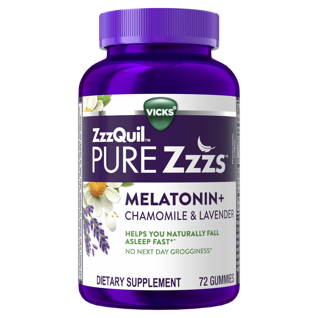 ZzzQuil PURE Zzzs Melatonin Gummies, Sleep Aid, Melatonin 2 mg, s harmančekom a levandule, Melatonin Sleep Gummies, Sleep Aids pre dospelých, Wildberry Vanilla Ochutené, 72 Sleep Gummies
