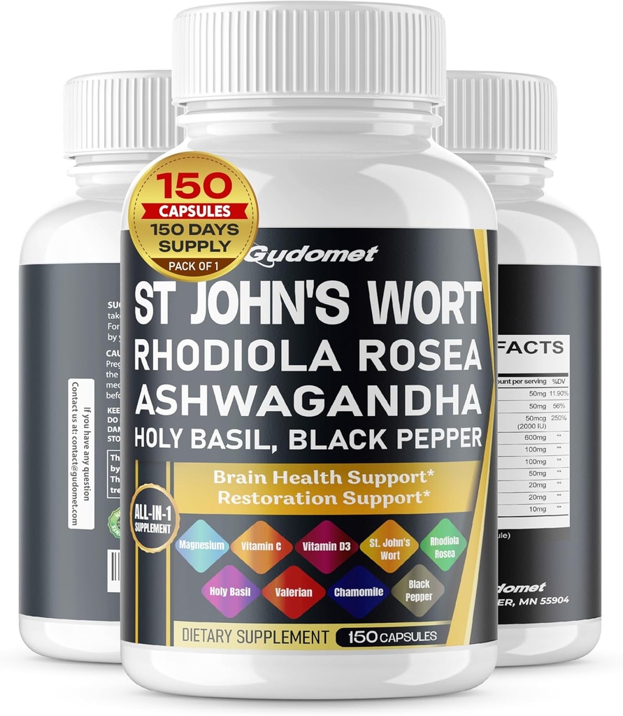 St. John's Wort Rhodiola Rosea Ashwagandha Holy Basil Valerian harmanček čierne korenie -150 Kapsule- vyrobené v USA