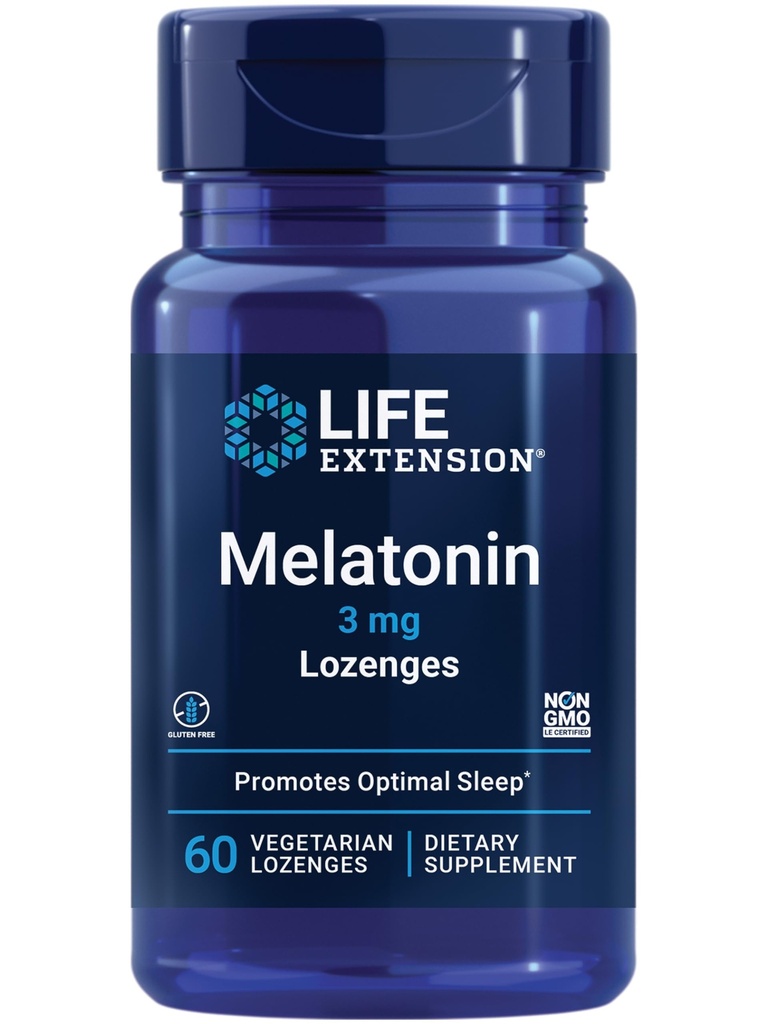 Extension life Melatonin, 3 mg, Optimal Sleep Support, Healthy circadian Rhythms, Cellular Defense, Gluten-Free, Non-GMO, Vegetariánska, 60 žuvacie kosoštvorce