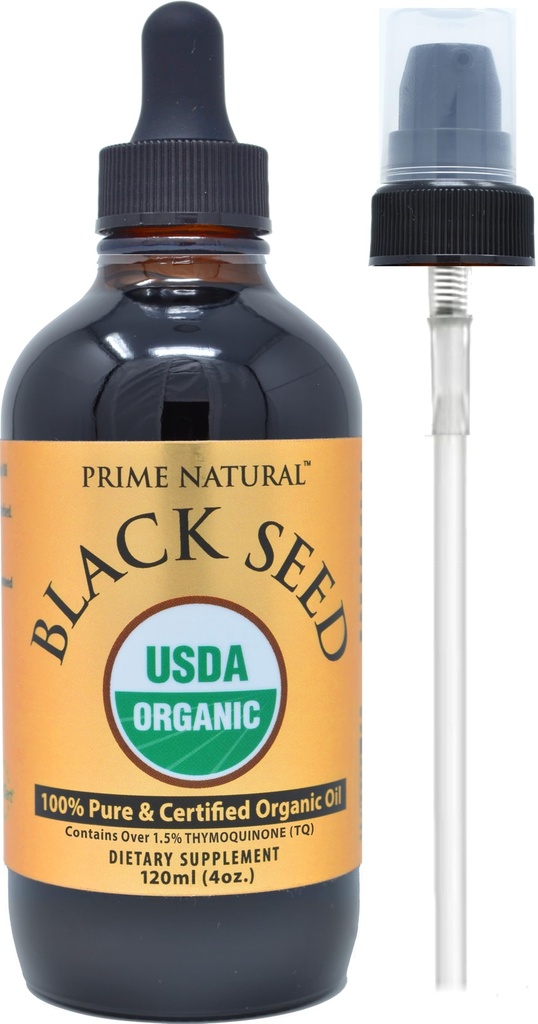 Prime Natural Organic Black Seed Oil 4oz - Cold Pressed Nerafined High Thymochinón 1,7% USDA Certified - Turk Origin Potent Nigella Sativa Liquid - Vegan Omega 3 6 9, Antioxidant