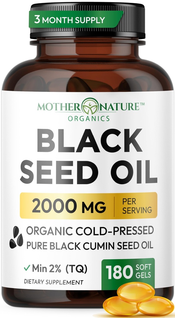 Black Seed Oil Capsules 2000mg Per Serving, Organic Cold Pressed Black Cumin, High TQ, Immune & Joint Support, 180 Počet (3 mesiace dodávky)