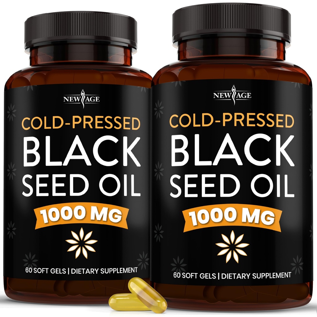 NEW AGE Black Seed Oil Softgel Kapsule - Premium Cold-Pressed Nigella Sativa Producing Pure Black Cumin Seed Oil - Non-GMO & Vegetarián (120 Softgels)