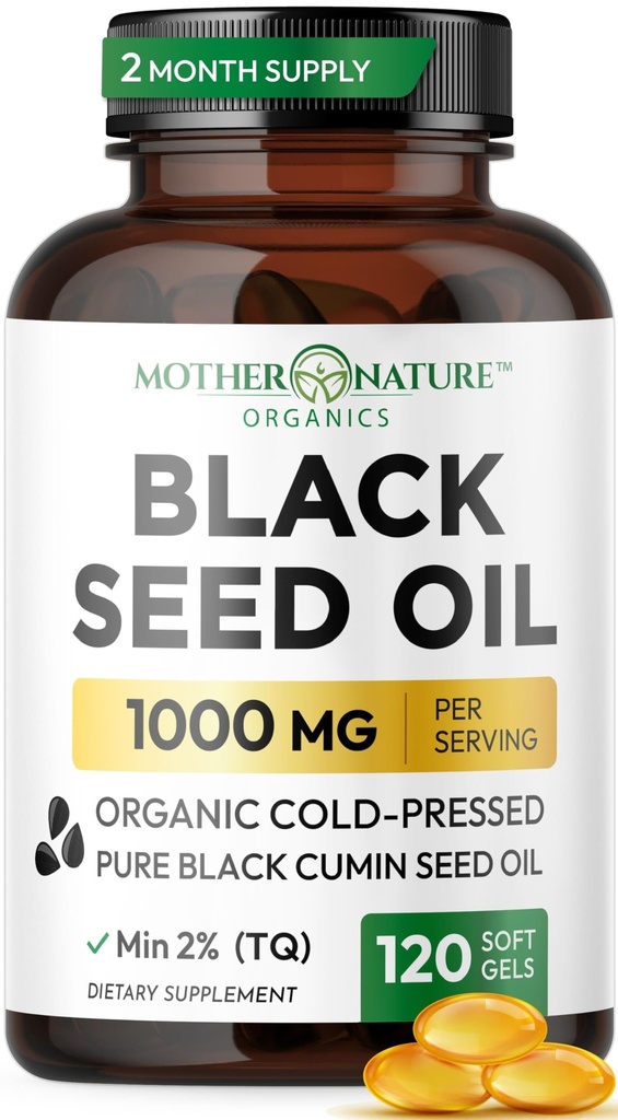 Black Seed Oil Kapsule 1000mg, Organic Cold Pressed Black Cumin, High TQ, Immune & Joint Support, 120 Počet (2 Mesiac dodávky)
