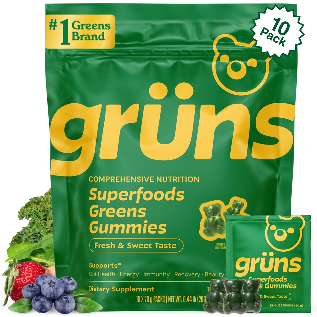 Gruns Dospelí Super Greens Gummies, Multivitamín Superfood Gummy Medvede, Spirulina, Chlorella, Prebiotiká a Fiber Gummies pre trávne zdravie, Adaptogény Supplement, 20 Vitamíny a minerály, 10 Počet