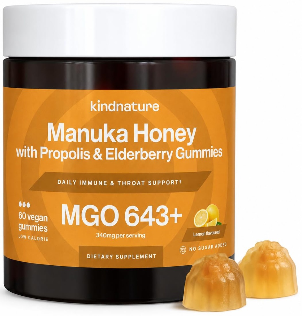 KINDNATURE Manuka Med Med Med Med Med Med Med Medicínsky stupeň Gummy MGO 643+ - Nový Zéland Manuka Med so zinkom, vitamínom C, bazami - Krvný komfort a imunitná podpora - Deti a dospelí