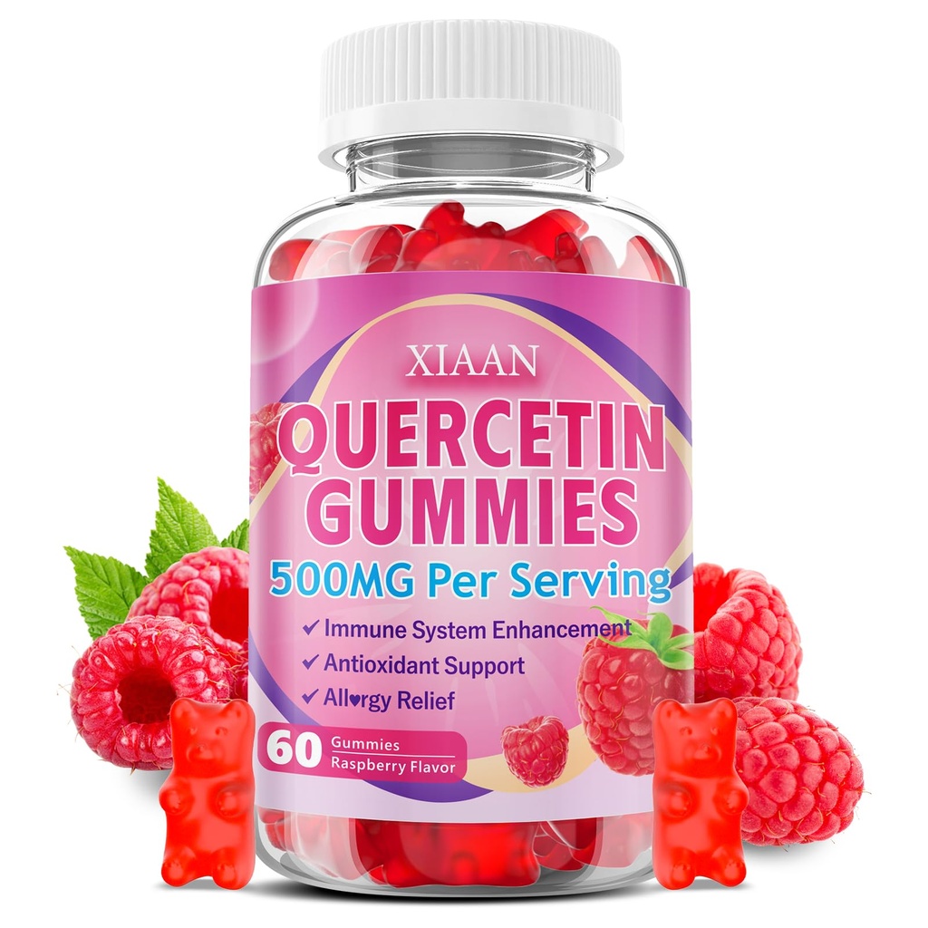 Quercetin Gummies 500 mg pre deti a dospelých, Organické Quercetin Doplnky s Hypromelain Zinok Vitamín C a D3 Podpora Antioxidant a imunitný systém Zdravie, Malinová príchuť 60 Počet