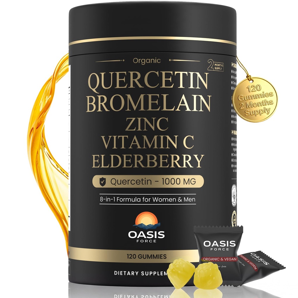 8-in-1 Quercetin s hypromelínom Gummies 1000mg, High Potency Organic Quercetin Supplement with Zincoln & Vitamin C, Elderberry, Seasonal Wellness & Immune Support, Vegan, bez cukru, 120 Gummies